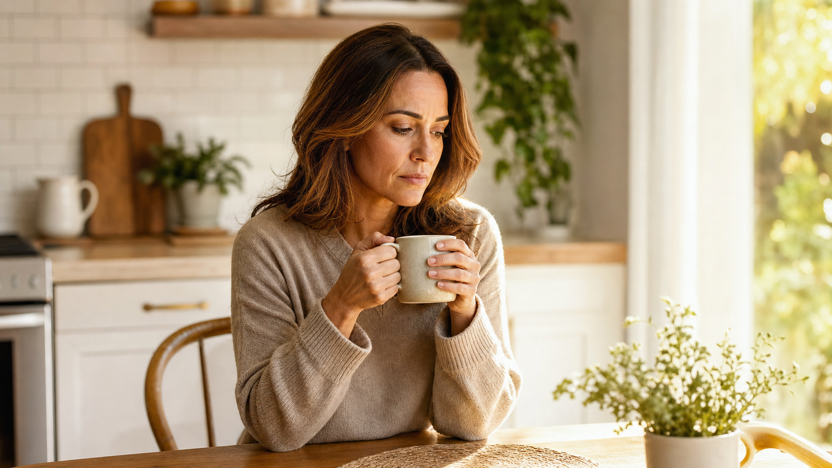 Woman holding tea mug at kitchen table