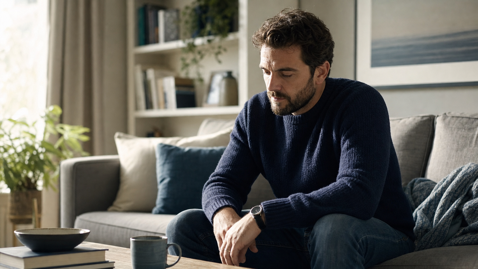 Man sitting thoughtfully on a couch