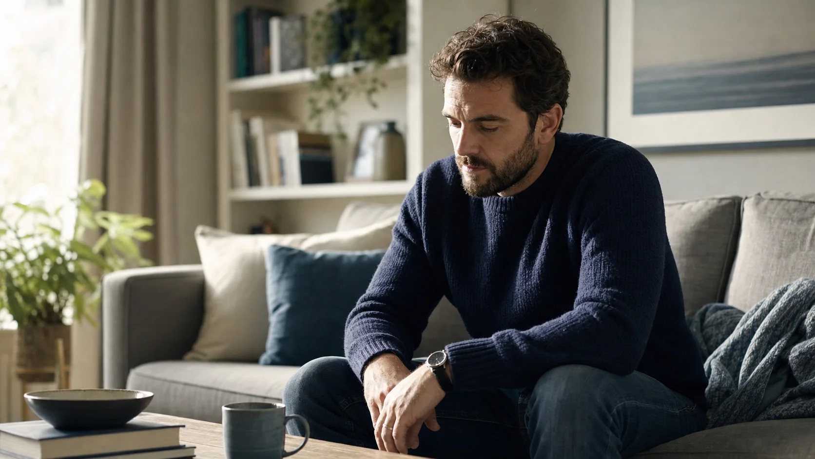 Man sitting thoughtfully on a couch