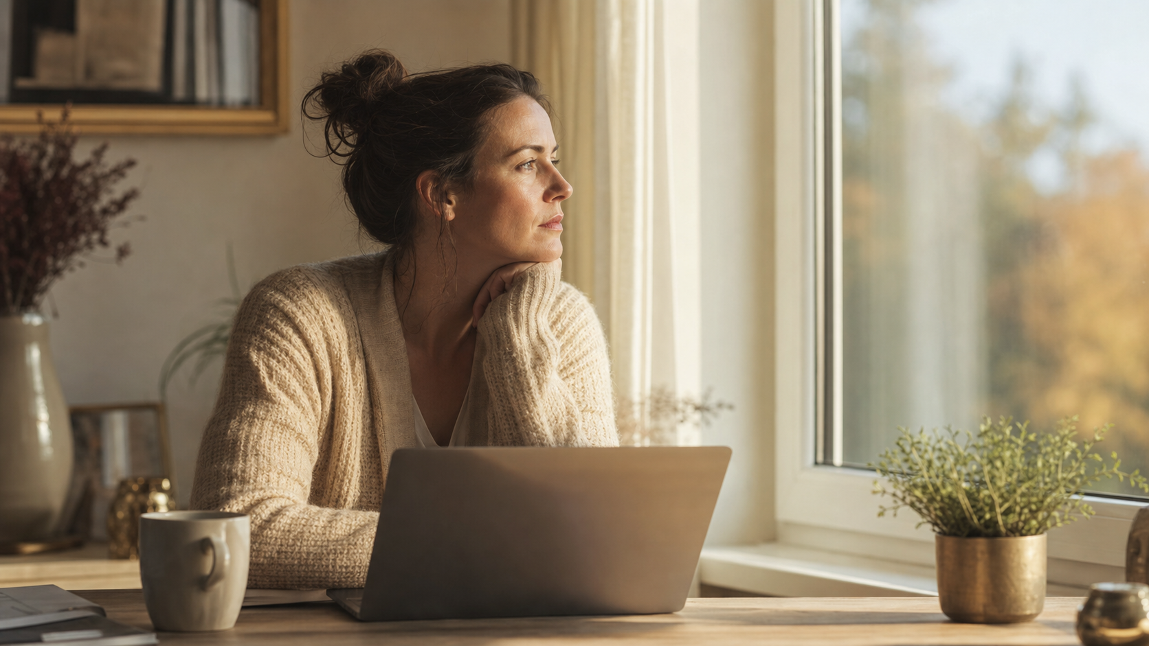 Woman at desk by window in morning light