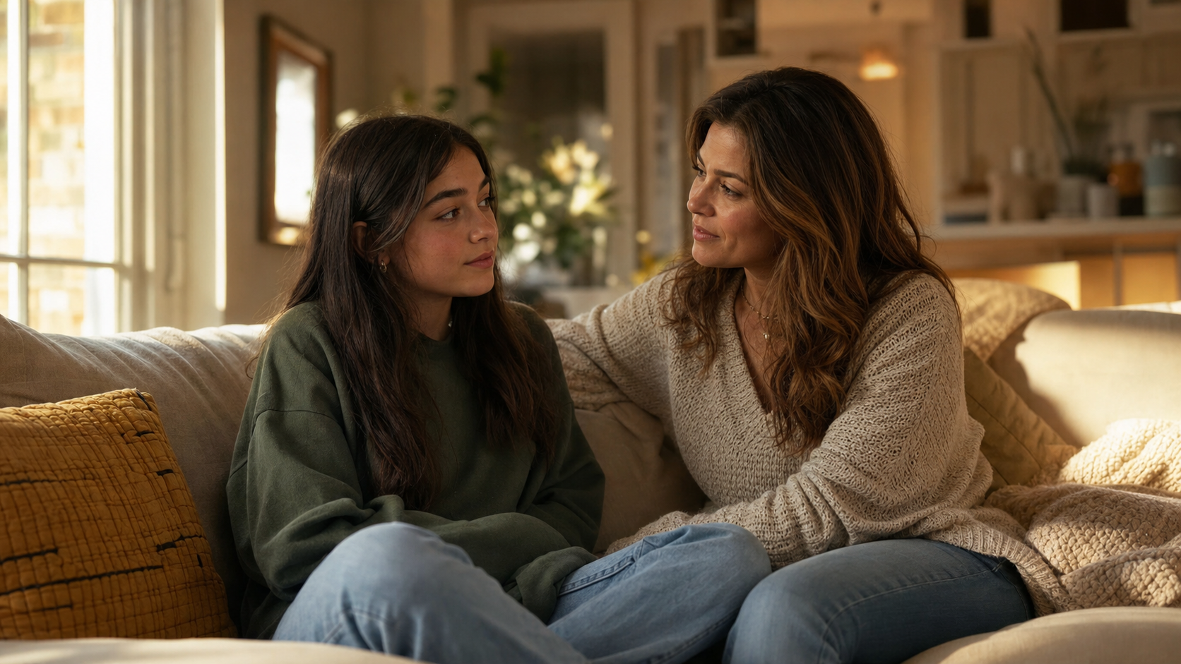 Mother and teenage daughter talking on couch